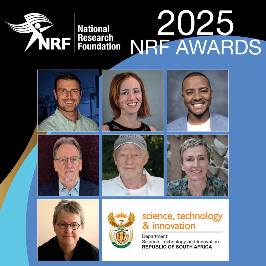 2025 NRF Awardees Dr Mitch Cox, Dr Simone Richardson, Mr Mashite Tshidi, Profs Ivan Vladislavic, Lewis Ashwal, Sally Archibald and Isabel Hofmeyr 870px